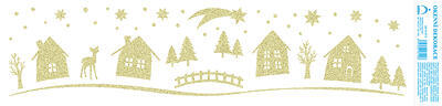 Vánoční adhezní nálepky na okna 50x12cm - s glitry, Chaloupky - stříbrné a zlaté - 1