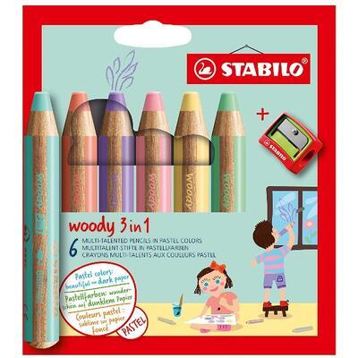 STABILO woody 3 in 1 8806-3 pastelky - sada 6 ks pastelové, ořezávátko - 1