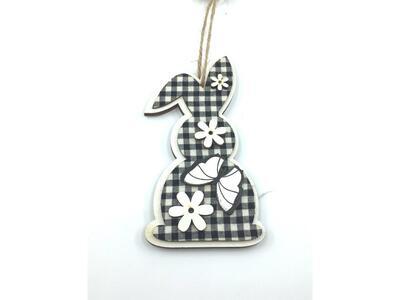 Dřevěná dekorace, textilní králiček s motýlem a květinami - černobílá 13,7cm