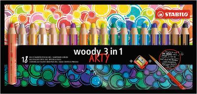 STABILO woody 3 in 1 ARTY pastelky - sada 18 ks, ořezávátko a štětec - 1