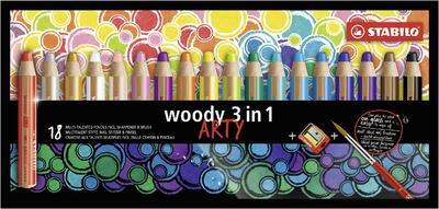 STABILO woody 3 in 1 ARTY pastelky - sada 18 ks, ořezávátko a štětec - 1