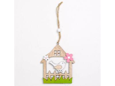 Dřevěná dekorace, Domek s ptáčkem, růžový,9x10cm