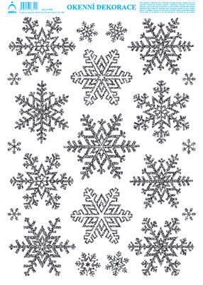 Vánoční adhezní nálepky na okna 25x35cm -  Vločky 2 - se stříbrnými/modrými glitry - 1