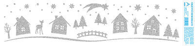 Vánoční adhezní nálepky na okna 50x12cm - s glitry, Chaloupky - stříbrné a zlaté - 2