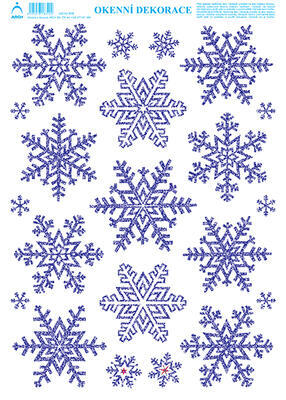 Vánoční adhezní nálepky na okna 25x35cm -  Vločky 2 - se stříbrnými/modrými glitry - 2